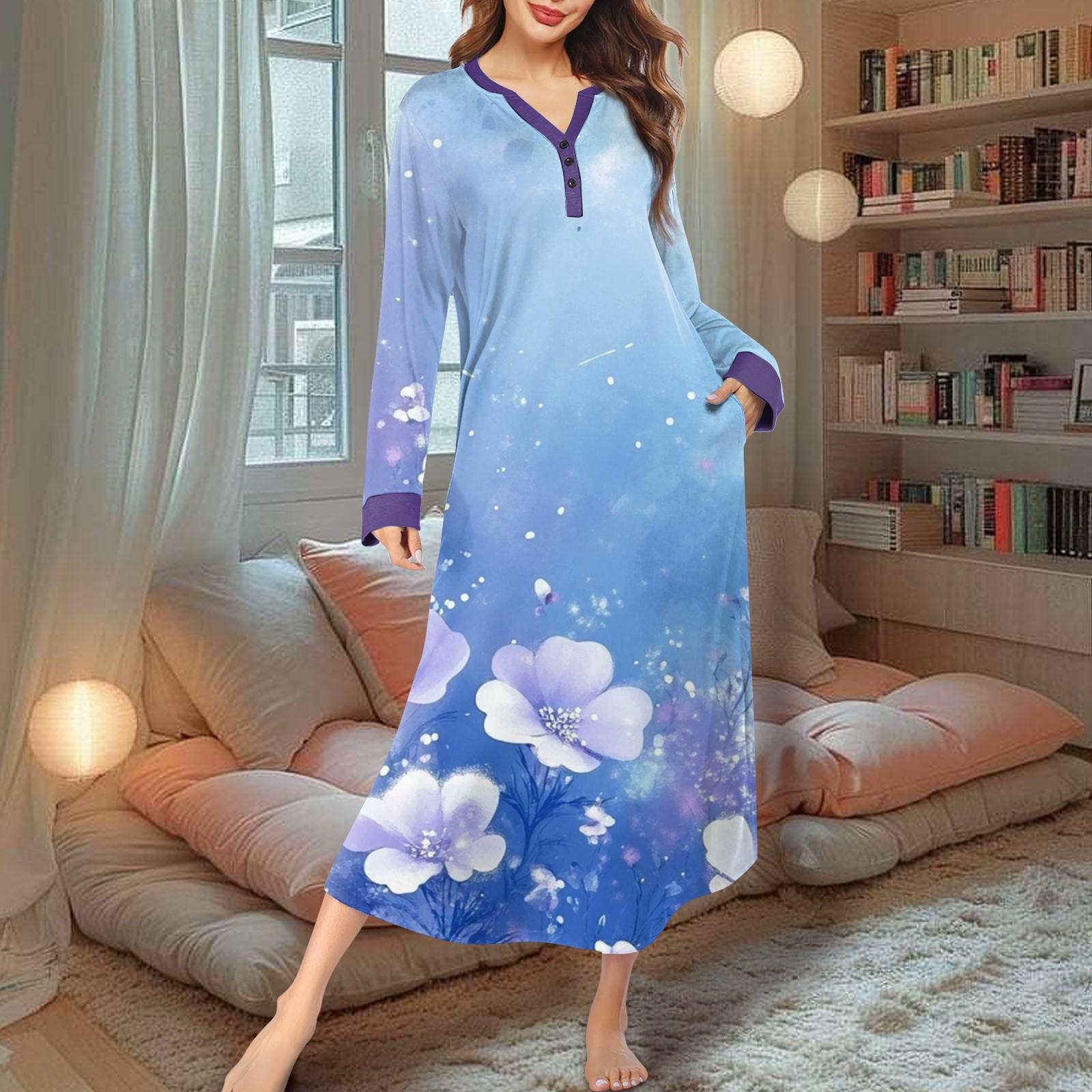 

Женская ночная рубашка, модный принт, длинный домашний халат, пижама с V-образным вырезом и карманами, платье XL светло-фиолетовый