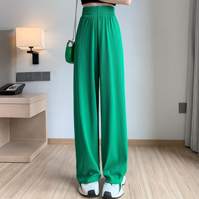 

Ice Silk High Waist Wide-Leg Chiffon Pants: Women s Lightweight, Drape Loose, Straight-Leg, Slimming, Casual Trousers for Spring and Summer. XXL for 70-80 kg зелений