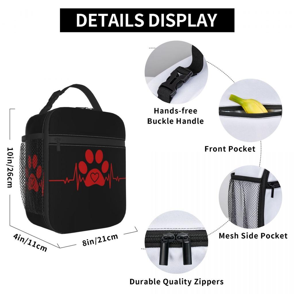 Dog Paw And Heart ECG Heartbeat Insulated Lunch Bag for Women Children Leakproof Food Boxes Thermal Lunch Box Tote