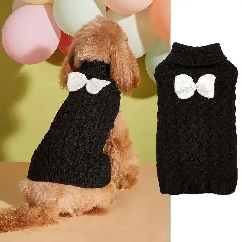 Pet Pullover High Collar Sweater Solid Fried Dough Twists Sweater Bow Knit Multicolor Comfortable Autumn Winter Christmas Pet