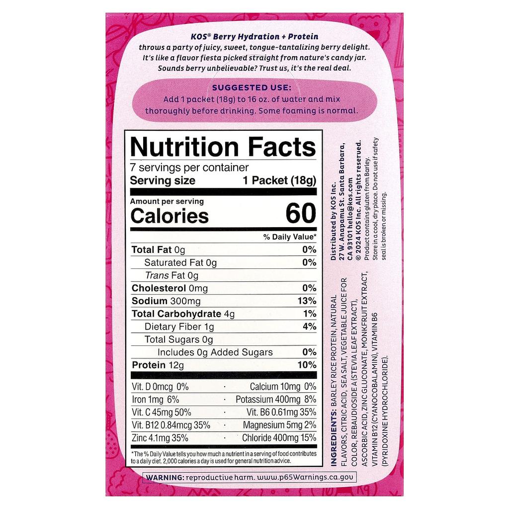 Hydration + Protein, Refreshing Drink Mix, Berry, 7 Packs, 18G (0.65Oz) Each