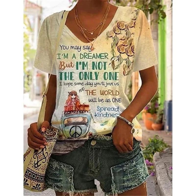 Abstract Oil Painting Floral 3D Print Summer Letter Fashion Women T-shirt Short Sleeve Everyday Tops T-shirt Harajuku Vintage