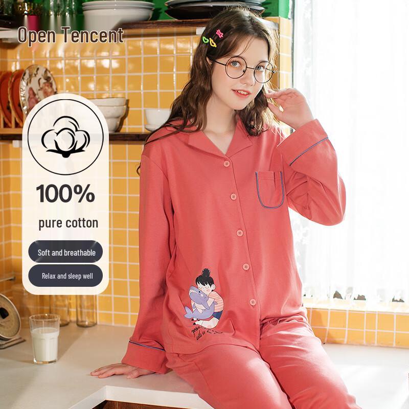 Fanteng Women s Embroidered Cotton Long Sleeve Pajama Set L