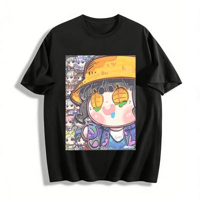 Süßer Chibi-Charakter-Print Lässiges T-Shirt Anime-Fans Tägliches Locker sitzendes Vielseitiges Oberteil Reines Baumwoll-T-Shirt