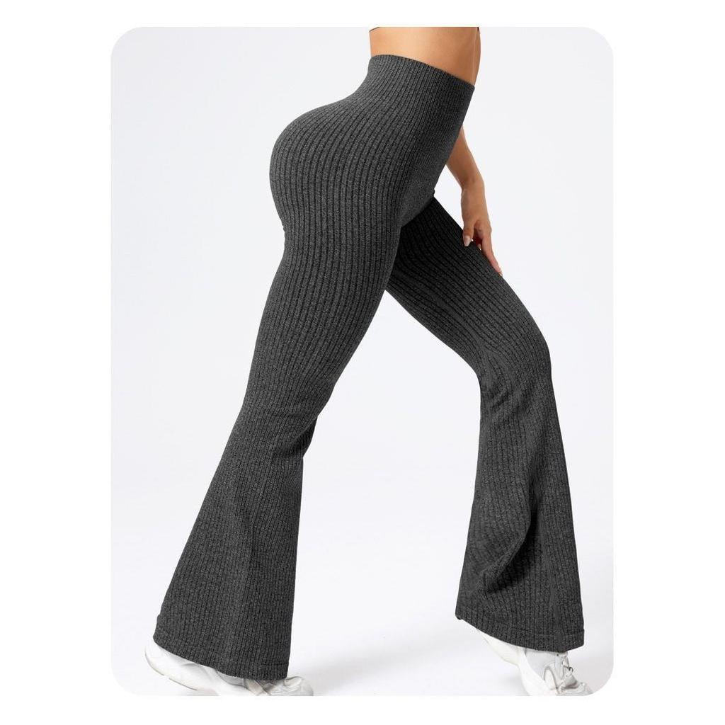 Women's Yoga Pants, High Waist Flared Knit Pants, Black Casual Pants, Comfortable Stretch Fabric