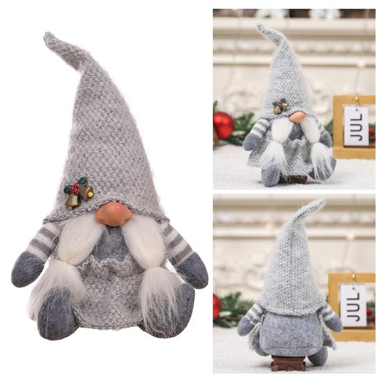 

Рождественская серая кукла-гном, заостренная шляпа ручной работы, Рождественский колокольчик, полная борода, коса, милый рабочий стол, сидящий безликий гном, фаршированное украшение, праздничные атрибуты, подарок