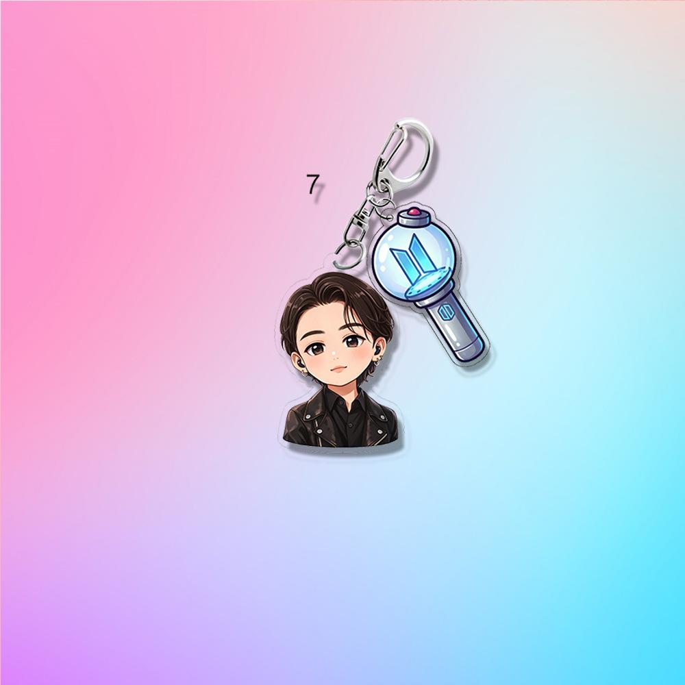 

BTS Anime Cartoon & ARMY Bomb Double Acrylic Keychain, Bangtan Boys Cartoon Figure + Lightstick Charm Keyring, Kpop ARMY Fans Bag Pendant JUNGKOOK