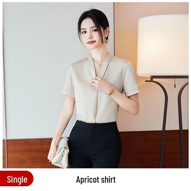 Dámská saténová halenka s krátkým rukávem a výstřihem do V: Pracovní košile odolná proti pomačkání, Slim Fit, Profesionální bílá, na léto