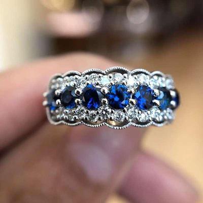 Electroplated Silver Ring with Blue Zircon and White Diamonds for Women