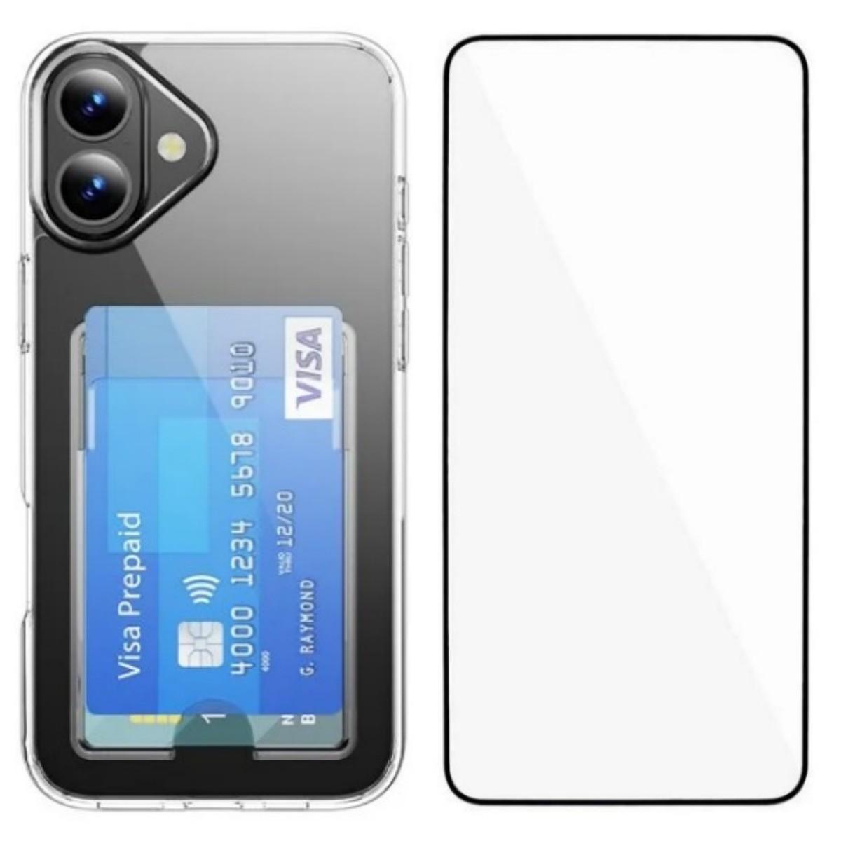 

For iPhone 16 Clear Phone Case with Screen Film WANLONFENG CK Series Card Holder Cover (Big Lens Hole) Transparent