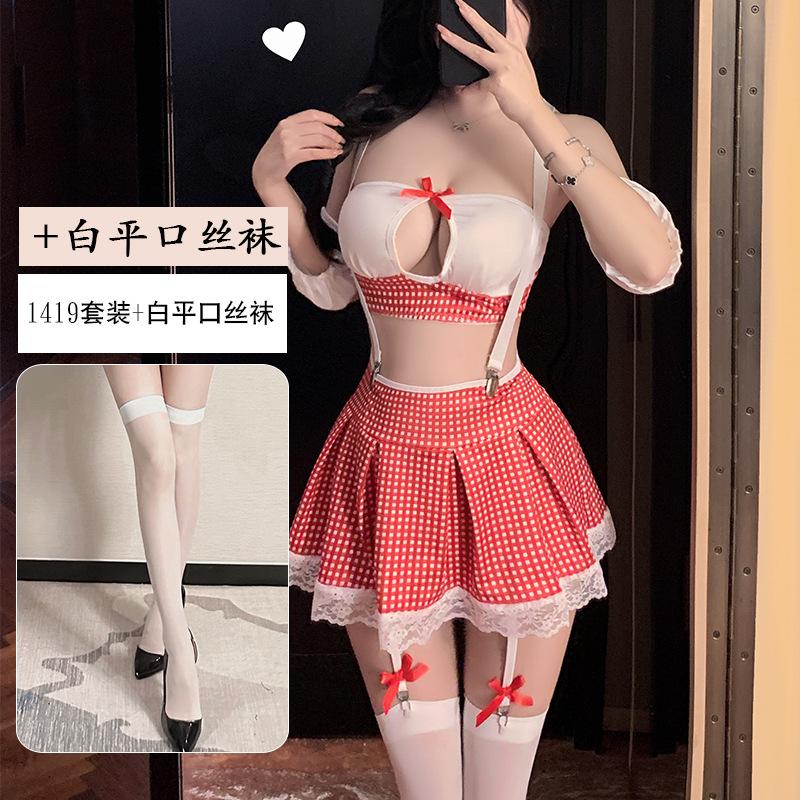 Erotic Underwear Sexy Maid Dress jk checkered Pure Desire Role-playing Nightclub Uniform Seductive Set 1419