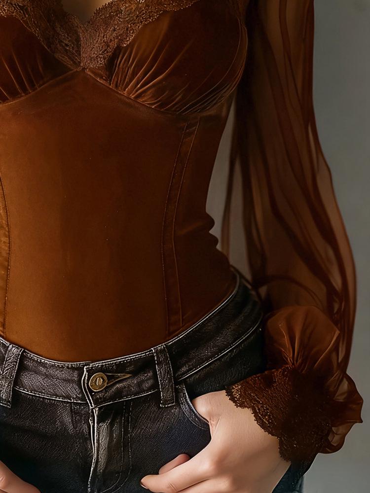 Elegant Spliced Mesh Bell Sleeve Lace-up Waist Top - Spring/Autumn 2026 Collection