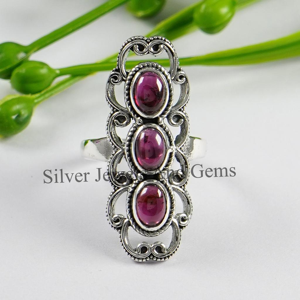 Multi Stone Ring, Natural Garnet Ring, 925 Sterling Silver Handmade Ring for Her, Oval Garnet Designer Ring, Wedding Gift, Birthstone Ring