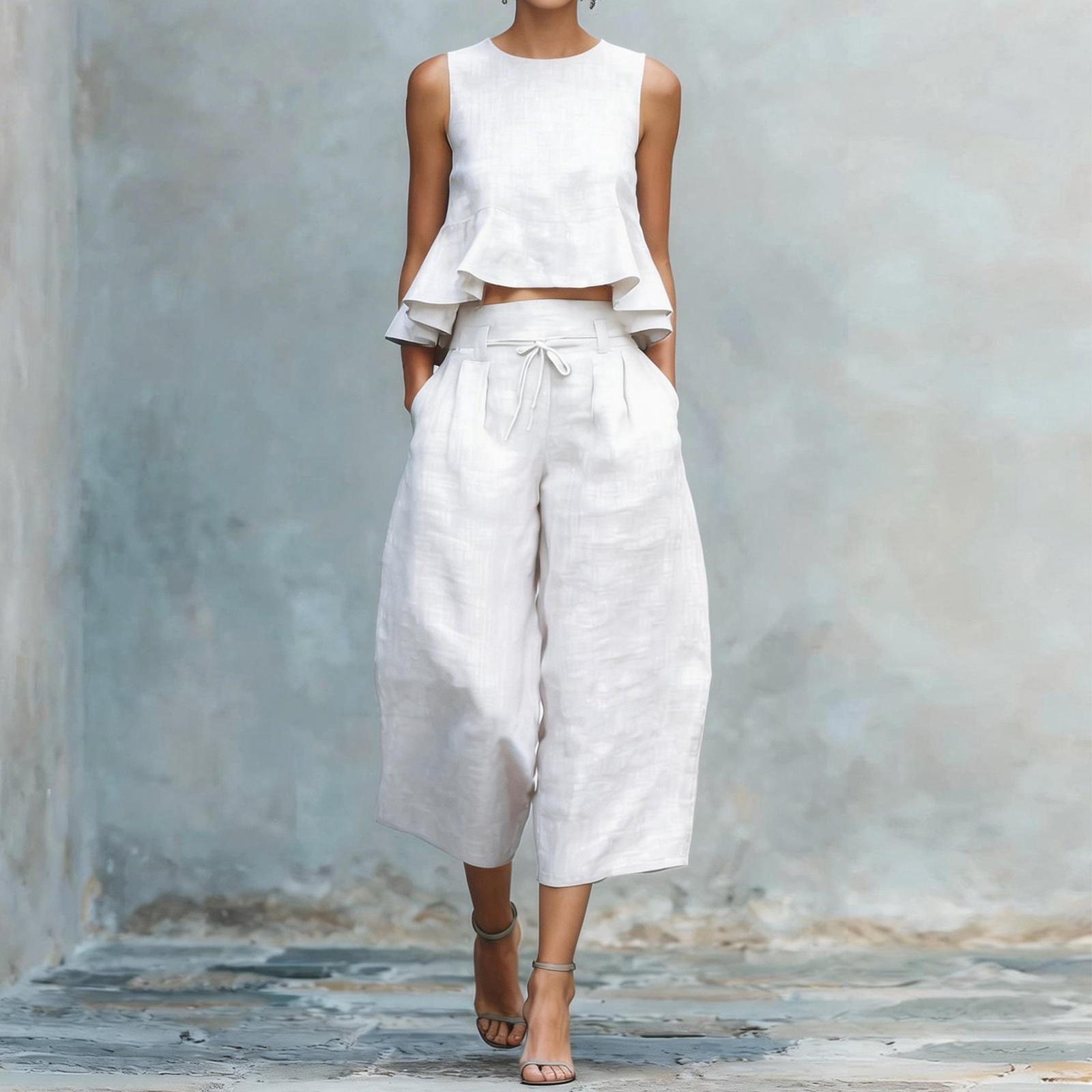 

Fashionable And Sexy Women s Spring And Summer Retro Elastic Waist Strap Linen Suit Women s Fashion Color Casual Two-piece Set XL