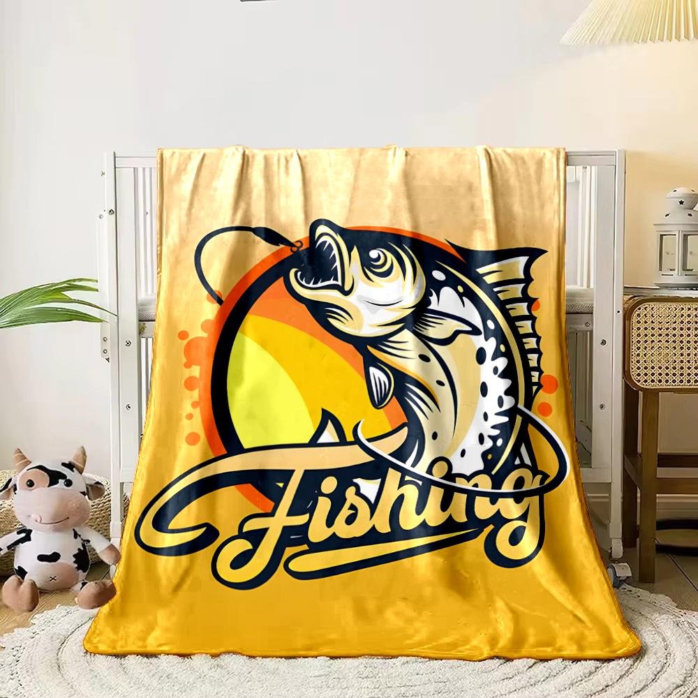 Fishing Graphic with Sunset and Hook Design Flannel blanket for bedroom, living room, sofa, and nap sofas.