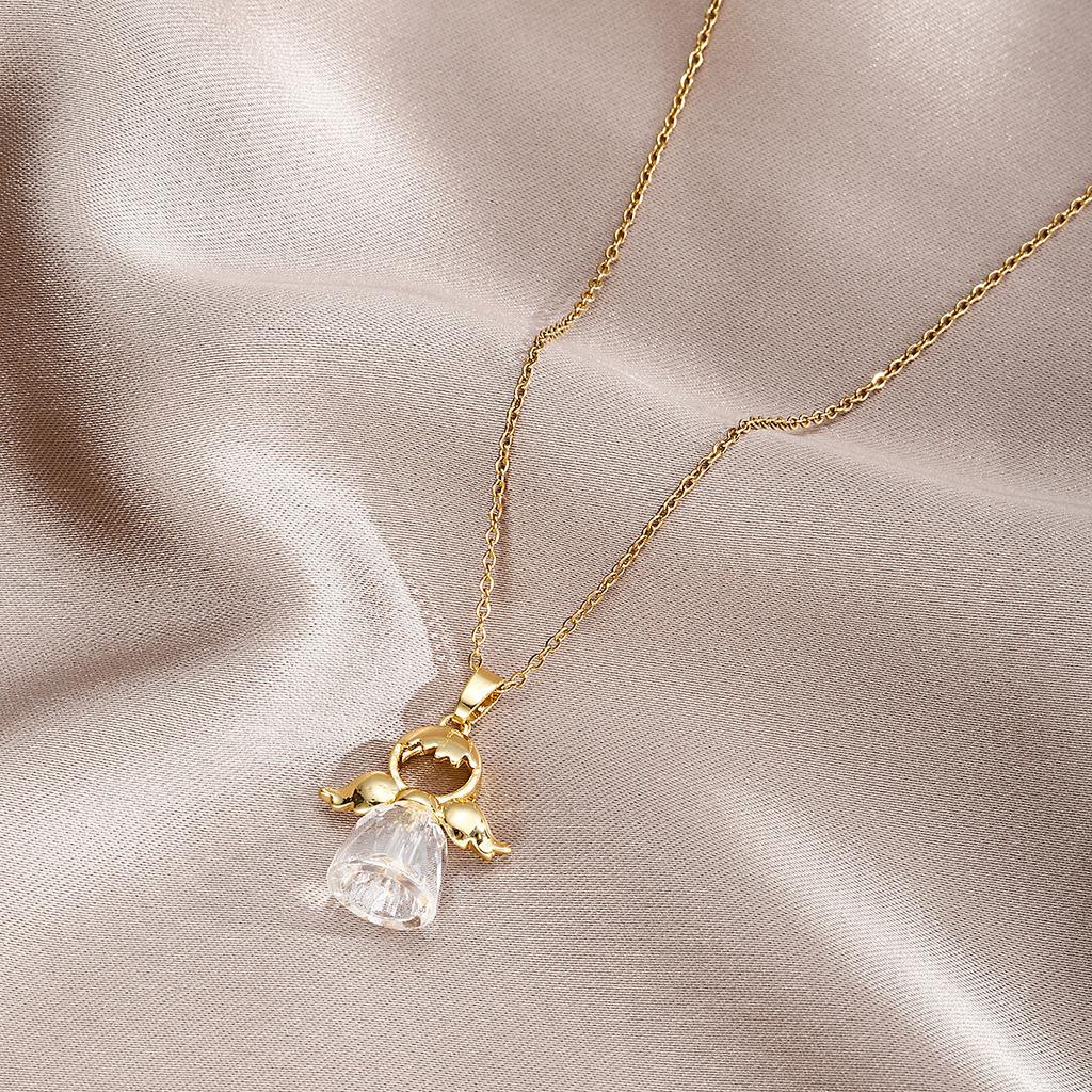 1 Pcs Crystal Angel Wings Pendant Necklace Titanium Steel Non-Fading Clavicle Chain Women's Girls' Simple Elegant Accessories