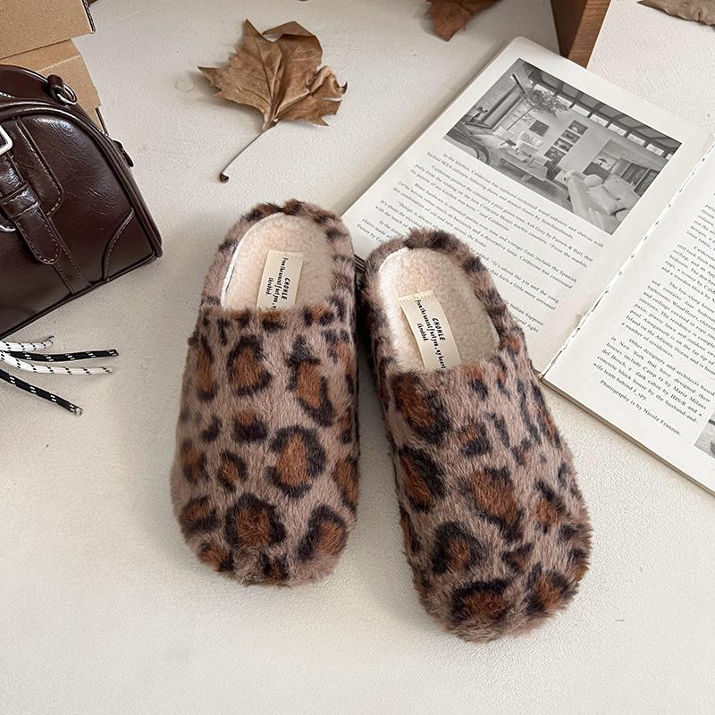 Aphixta Leopard Round Toe Warm Winter Slippers New Fluffy Platform Slippers for Women 2024 Winter Plush Warm Cotton Shoe