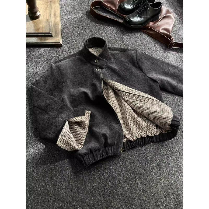 Men's Houndstooth Harrington Jacket: Retro Wood Grain, Short Stand-Up Collar, Spring/Autumn High-End Design.