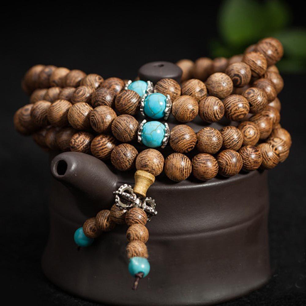 Meditation Wood Tibetan Rosary Beads 108 Turquoise Bracelet Wenge Buddhist