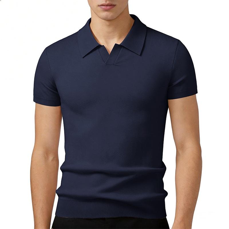Mens Solid Color V Neck Knit Short Sleeve Polo Shirt
