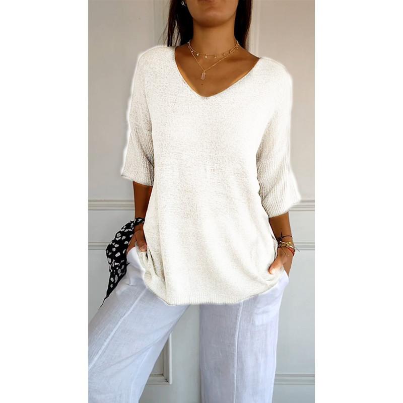 Women's V Neck Half Sleeve Knit Sweater Loose Fit Casual Solid Color Pullover Top