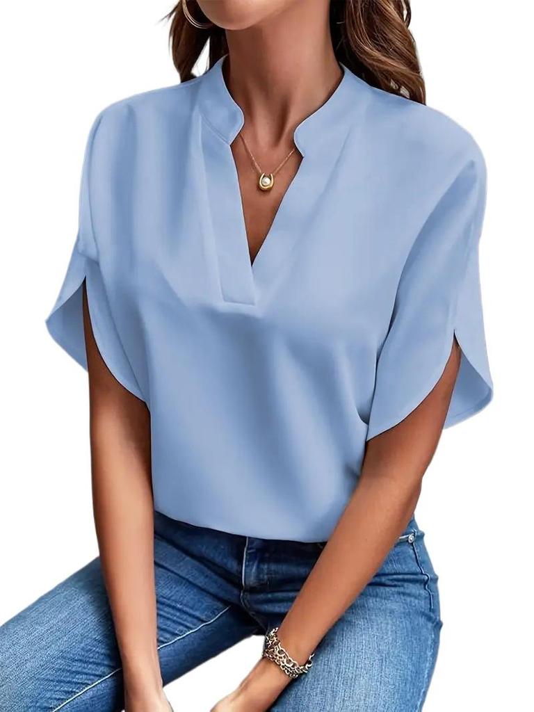 EastRogue  Women's Fashion Casual Summer Solid Color Print Short Sleeve V-Neck Blouses & Shirts