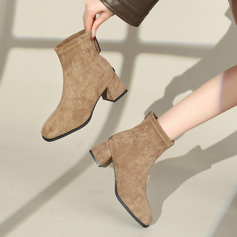 French Suede Velvet Short Boots Autumn and Winter 2025 New Square Head Thin Martin Boots Women's Elastic Thin Boots Thick Heel Boots
