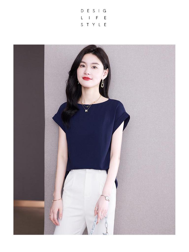 2023 Women's Slimming Short Sleeve Morandi Pink Ice Silk Cotton Casual Top