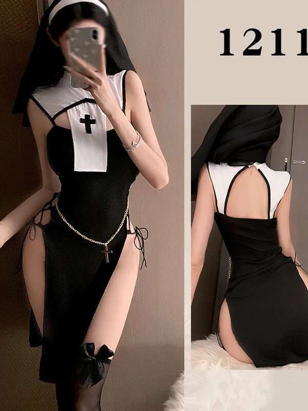 Sexy Summer High Slit Cheongsam Nun Dress Role-playing Uniform Dress Elegant Tank Mini Dress Sweet SM Exotic Women Dress 3XPC
