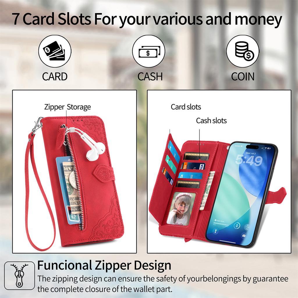 For iPhone 17 Pro Max Zipper Wallet Case with Strap Flower Imprint PU Leather Phone Cover