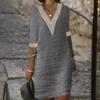 Abito da Donna in Cotone e Lino con Scollo in Pizzo e Polsini a V Abito Mini Monocolore Fashion con Lavorazione a Rete Abito Casual da Donna a Manica Media