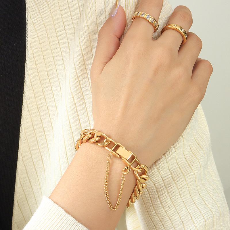 Exaggerated 18K Gold-Plated Titanium Steel Cuban Necklace & Bracelet Set - European/American Hip Hop Style
