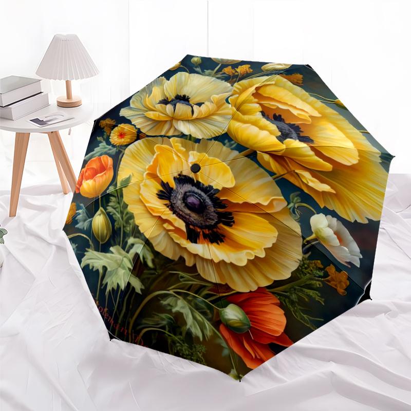 

8-Rib Automatic Open/Close Umbrella with Windproof & Portable Design - Large Yellow Poppies & Green Foliage Floral Print, Dura (as the picture,iron&8K)