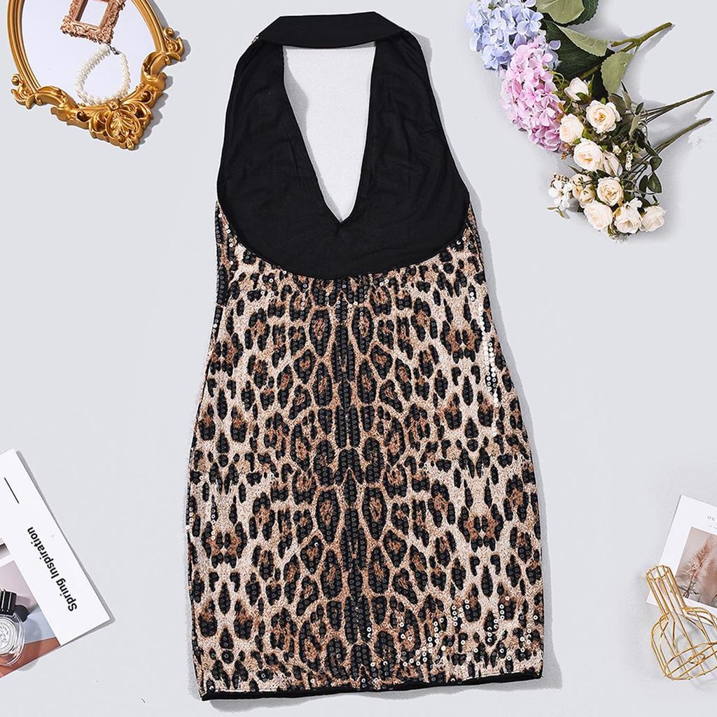 European & American Leopard Print Sexy Slim-Fit Deep V Backless Dress for Women