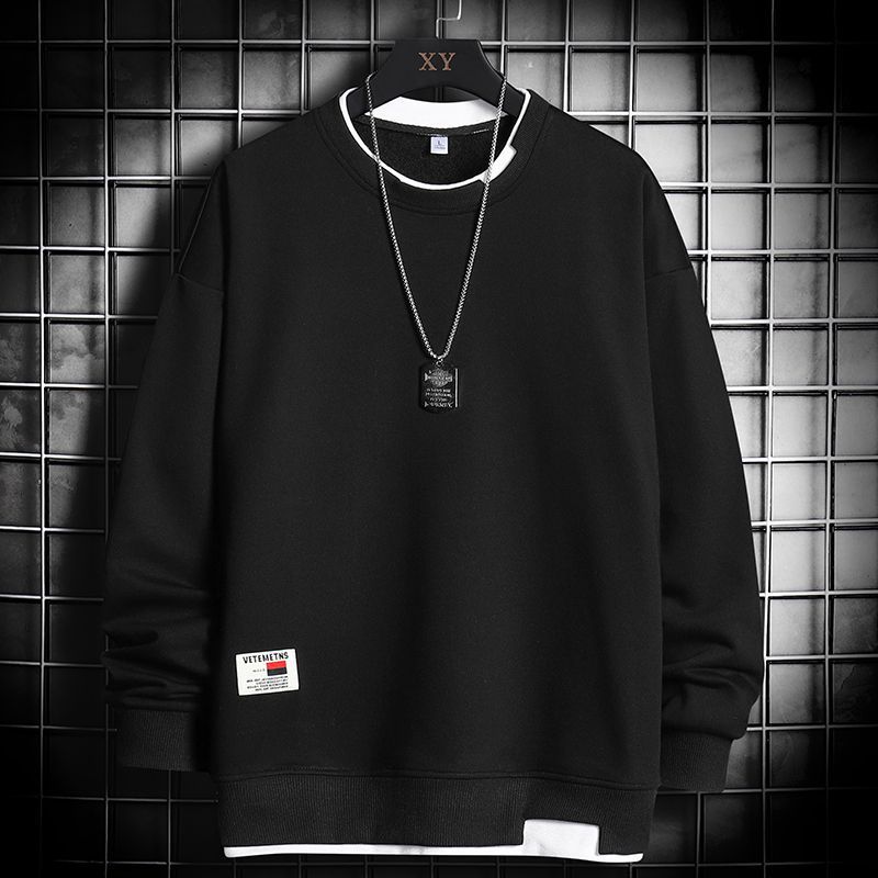 Men's Spring and Autumn Four Seasons Plus Size Thin Hoodless Round Neck Pullover Long Sleeved T Shirt Loose Blouse