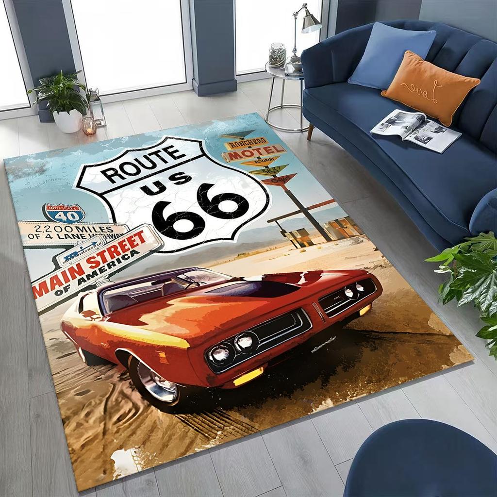 3D Retro Route 66 America Historic Mother Road Rug for Bedroom Living Room Sofa Home Doormat Decor,Larger Kid Non-slip Floor Mat