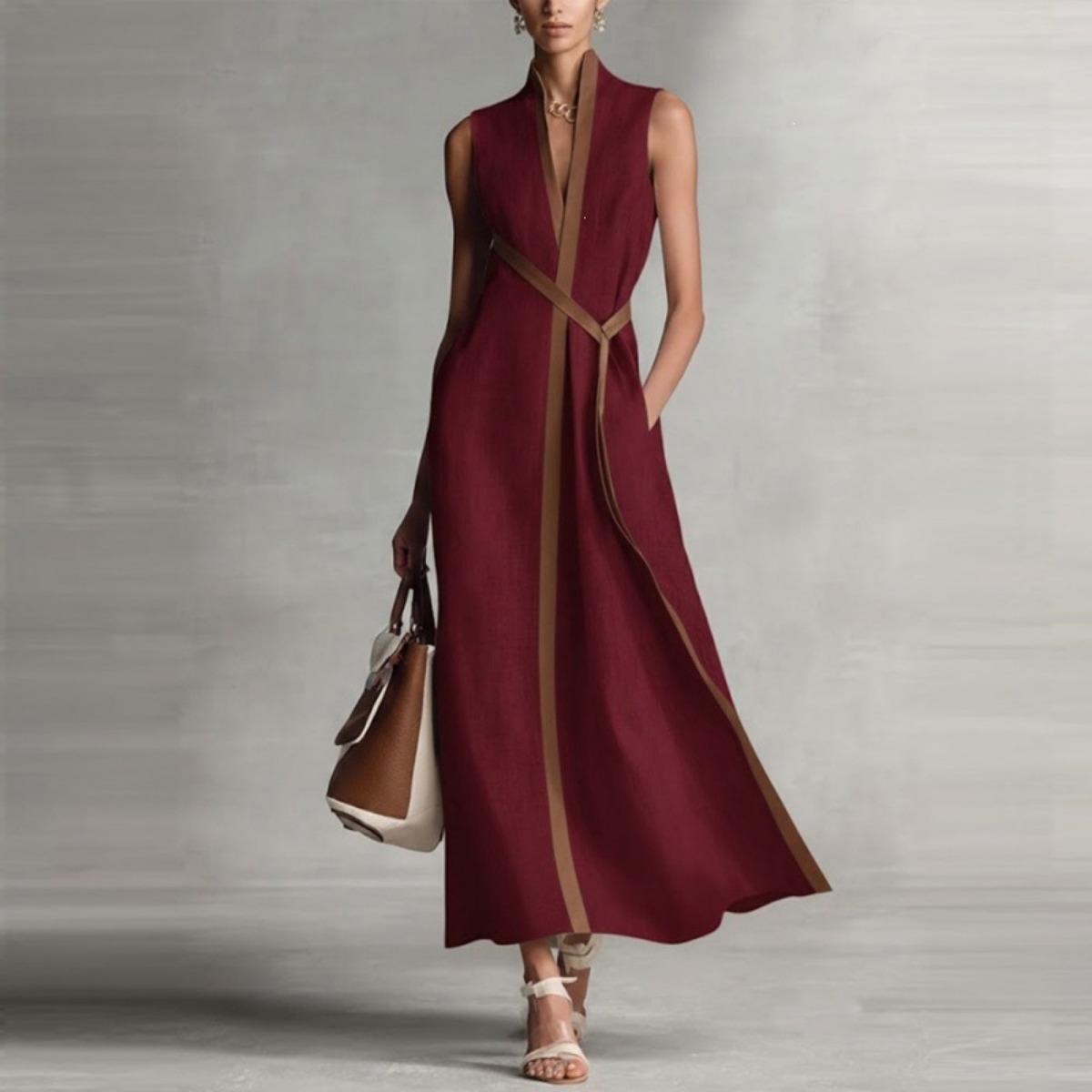 

Summer Stand Collar Sleeveless Contrast Color Loose Casual Dress for Women 2XL бордовий
