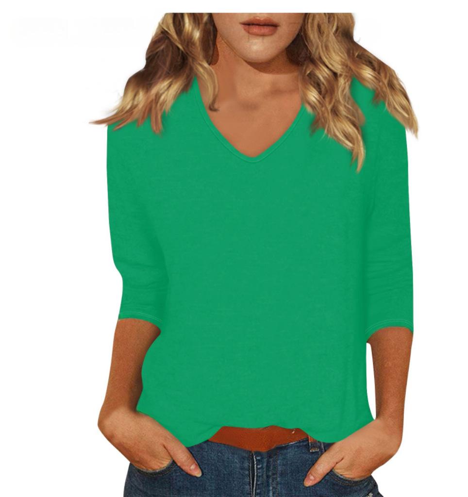 Women's Daily Versatile Casual V-Neck Solid Color Seven-Sleeve T-Shirt Top
