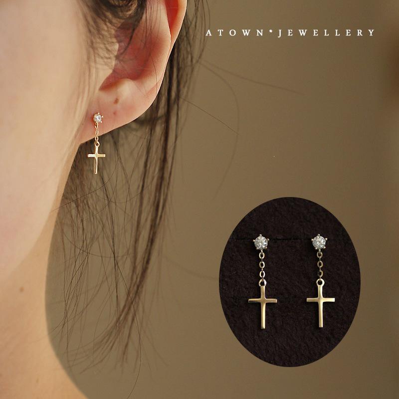 14K Gold-Plated Sterling Silver Cross Tassel Stud Earrings - Elegant, Versatile Women s Korean/Japanese Style Accessories 14K Gold Pair (with Silver Ear Plugs)