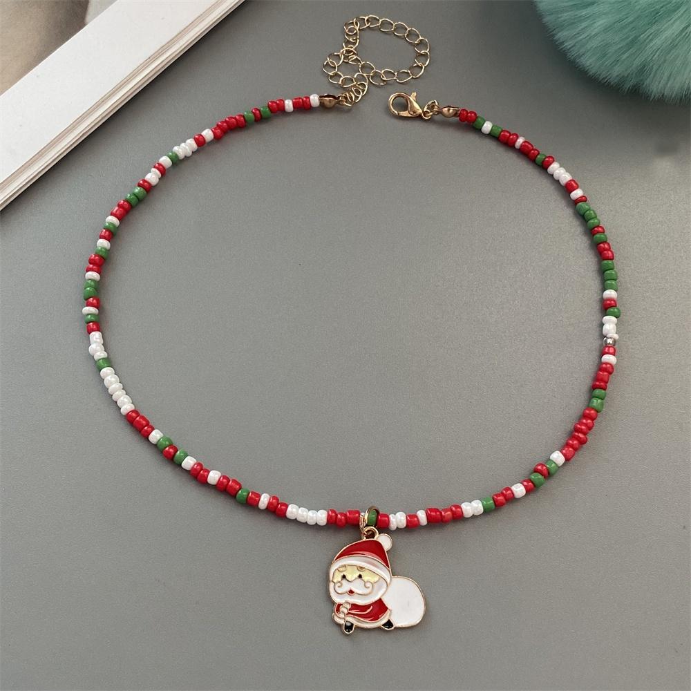 Christmas Necklaces for Women Girls Handmade Rice Beads X'mas Tree Santa Claus Snowman Gift Necklace Pendant New Year Jewelry