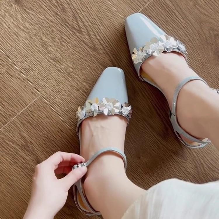 Sheepskin Version~ Early Summer New Square Head Sequins Flower Temperament Sweet Niche Versatile Inner Height-increasing Bag Head Cool Slippers