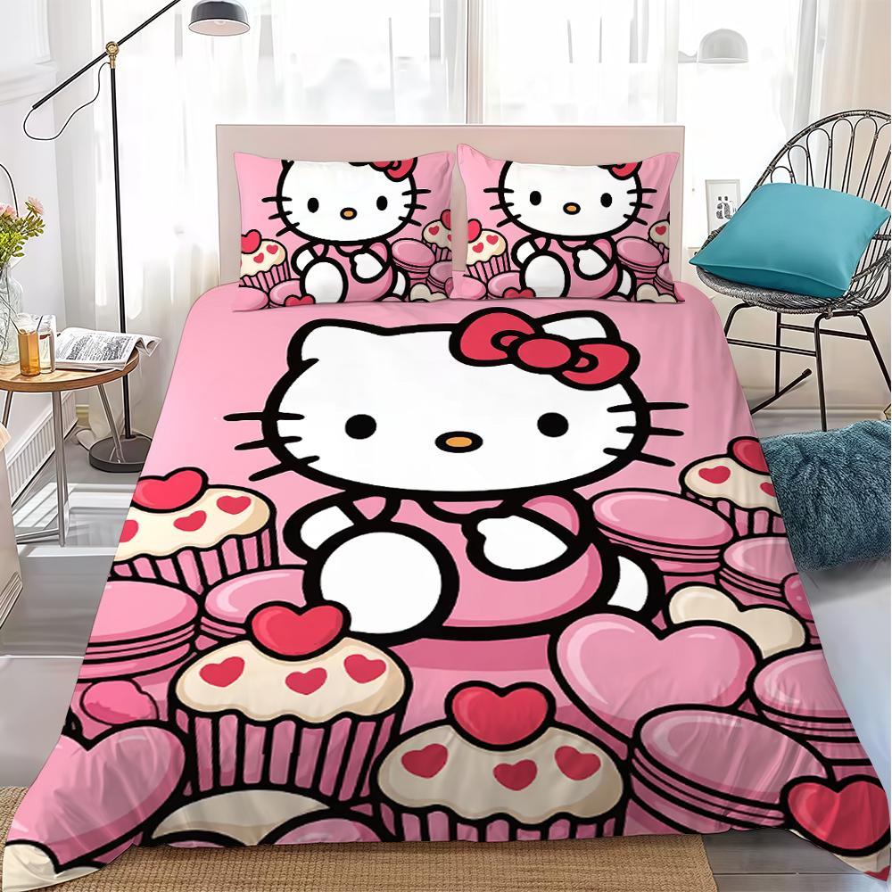 Hello K-Kitty Cute Duvet Cover Set Home Style Bedding Soft Laundry Cotton Bed 3 Piece Set Student Dormitory Gift