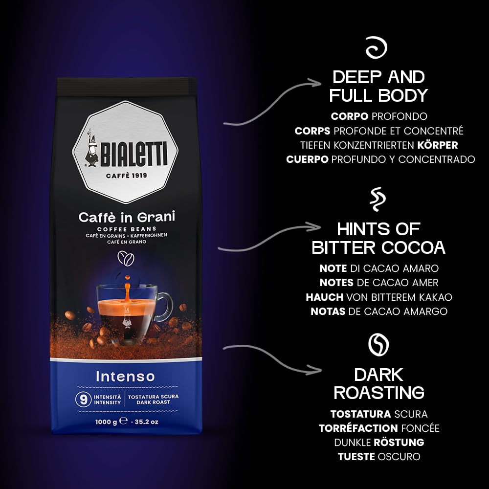 Bialetti Caffe Grani Intenso (1kg, 100% Robusta Beans) - Italian Coffee, Espresso, Drip, French Press, Coffee Beans
