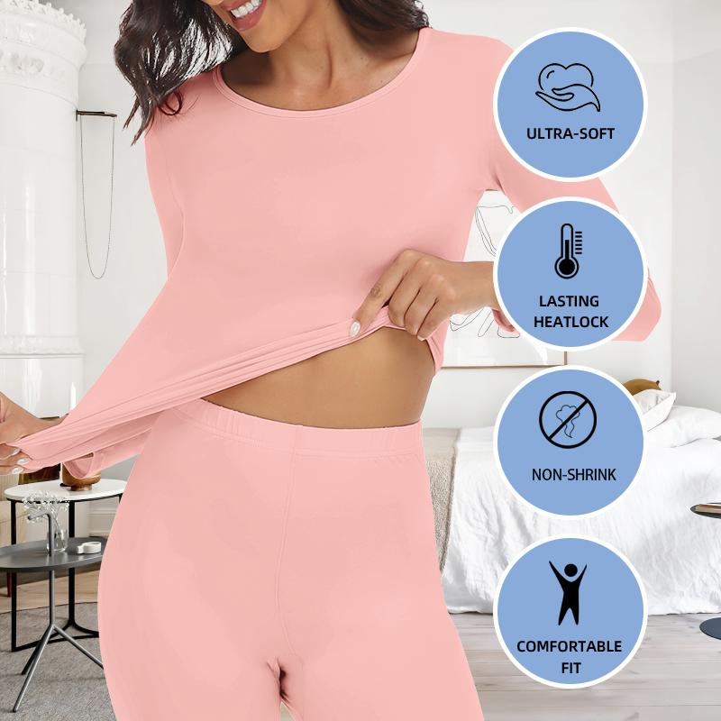 Winter Thermal Underwear Sets for Women Round Collar Long Johns High Stretch Base Layer Soft Top & Bottom Keep Warm Pajamas