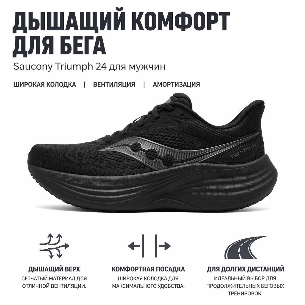 SAUCONY Triumph 24 Confortável Macio Largo Respirável Tênis de Corrida de Longa Distância Masculino Preto S102137-1001