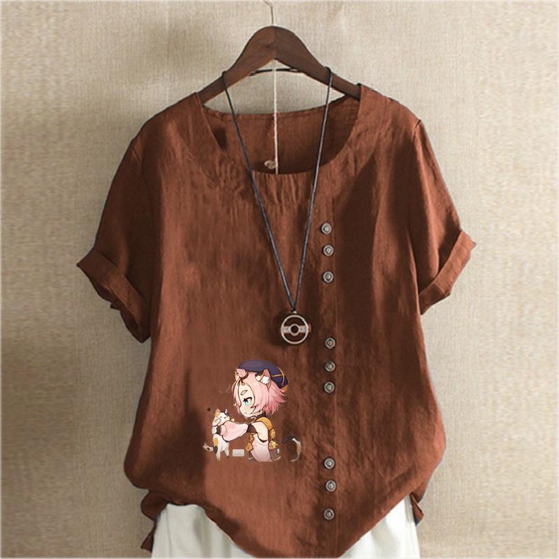 Women's Fashion Round Neck Short Sleeve T-shirt Casual Cotton Linen Graphic Shirt Leisure Loose Two Cute Little Cats Prined Summer Blouse Tops