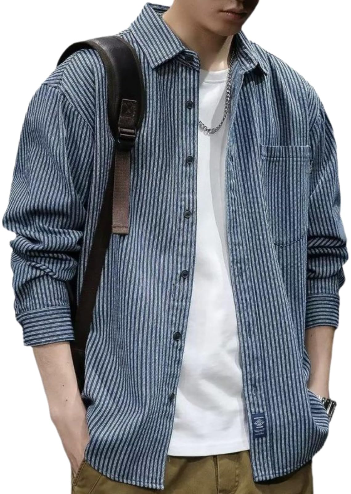 

Рубашка с воротником, в полоску, с длинным рукавом, на груди, повседневная, королевская, в западном стиле, повседневная, американская, деловая, королевско-синяя, синяя полоска [Aspersio] Рубашка, Рубашка,