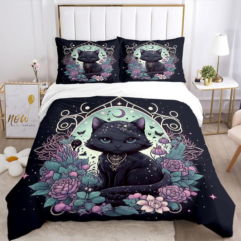 3pcs Witchy Cat Bedding Set, Including 1 Quilt Cover and 2 Pillow Shams, Without Filling, Soft and Comfortable Home Bedroom Fabric, Fashiona