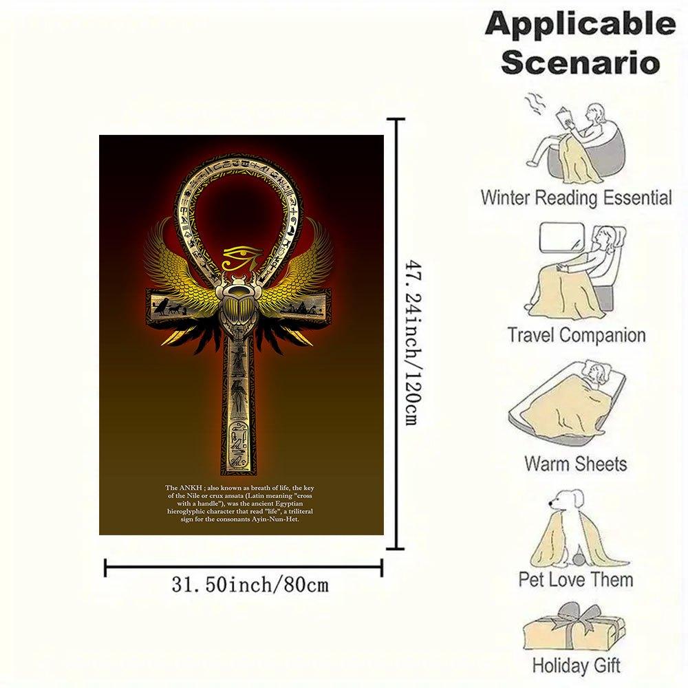 Egyptian Ankh Cross Scarab Beetle Wings Key of Life Poster PrintBlanket Flannel Throw Blanket for Sofa, Bed, Travel, Camping, Office, Couch,