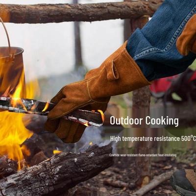 Extra lange, flammhemmende Rindsleder-BBQ-Handschuhe - Hitzebeständig bis 500°F - Verbrühungsschutz zum Backen, für Ofen, Kessel und Grillen
